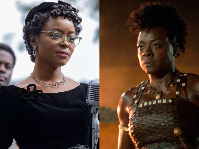 Stills featuring Black actresses. Danielle Deadwyler as Mamie Till-Mobley in Till. Viola Davis as Nanisca in The Woman King.