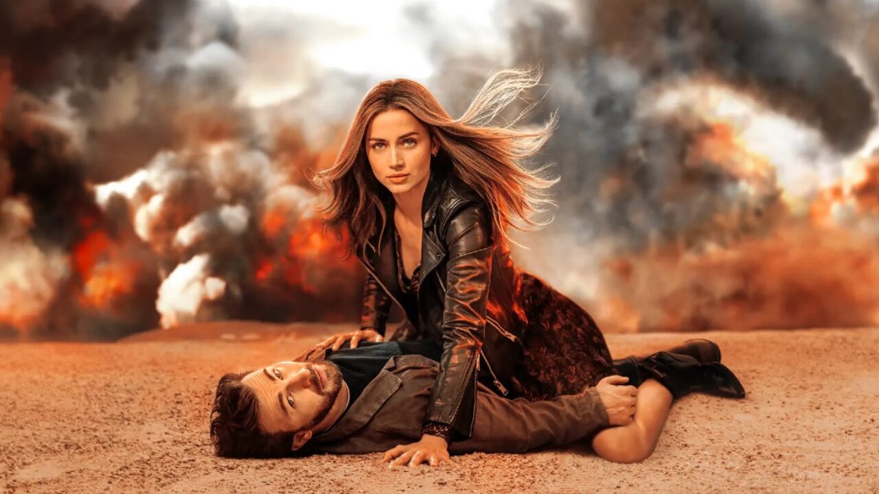 Promotional image for Ghosted. A man and a woman are posing in an action scene.