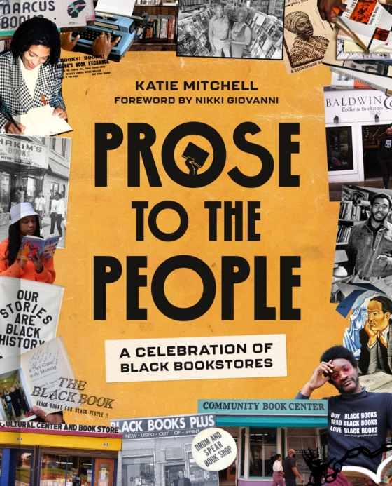 illustrated cover of katie mitchell's prose to the people book. features a grid of collaged images of black bookstores