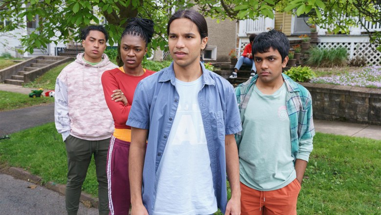 (left to right) David (Christian Vunipola), Cass (Imani Lewis), Miguel (Tyler Dean Flores) and Srini (Suraj Partha). Photo by Brett Roedel, courtesy of Hulu.