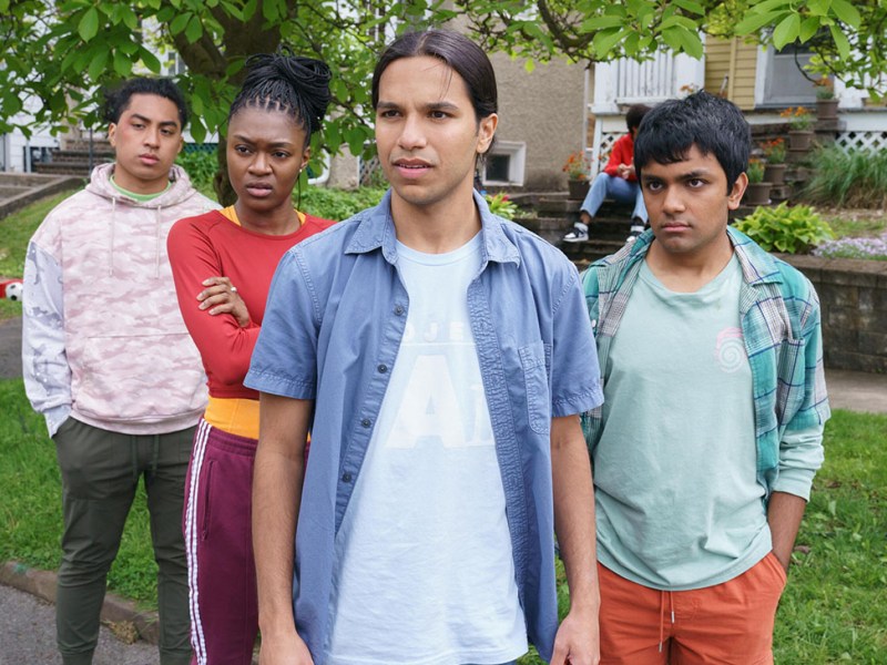 (left to right) David (Christian Vunipola), Cass (Imani Lewis), Miguel (Tyler Dean Flores) and Srini (Suraj Partha). Photo by Brett Roedel, courtesy of Hulu.
