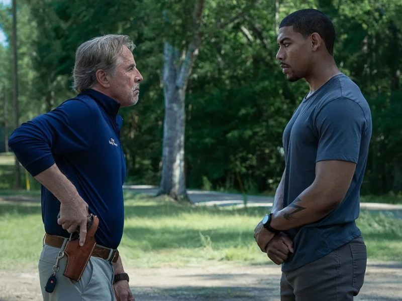 Don Johnson as Chief Sandy Burnne and Aaron Pierre as Terry Richmond in Jeremy Saulnier’s “Rebel Ridge.”