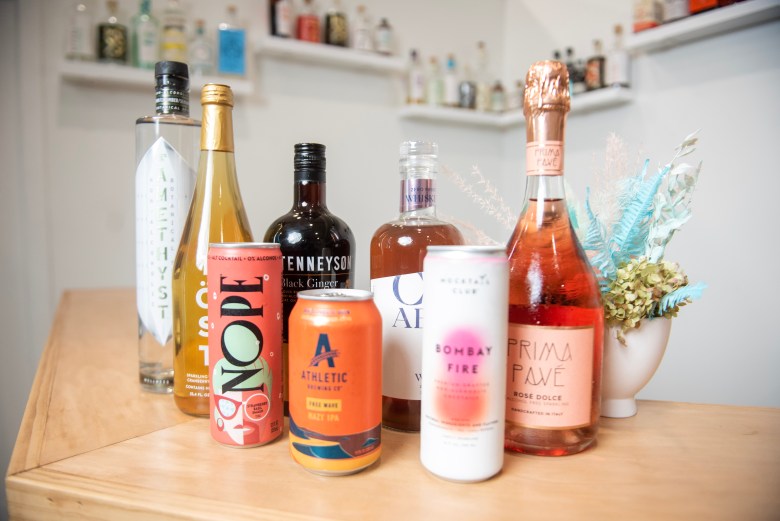A row of sprit-free and zero-proof beverages is on display at Hopscotch. 