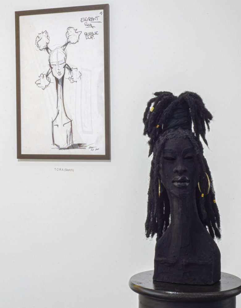 Installation view of Murjoni Merriweather’s The Walk at Creative Alliance, Left: T O R A (Sketch)", Right: “K A I Z E N"