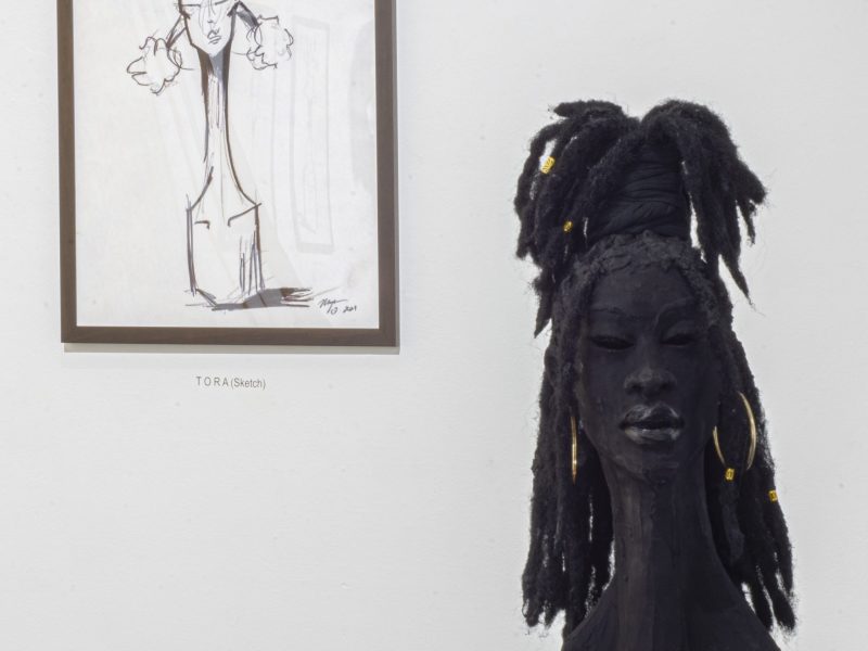 Installation view of Murjoni Merriweather’s The Walk at Creative Alliance, Left: T O R A (Sketch)", Right: “K A I Z E N"