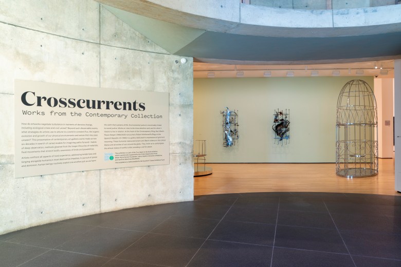 Install a photo of a museum exhibition. There is a grey wall with text describing the show 