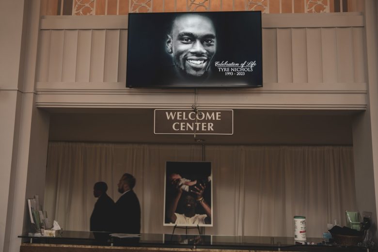 The image of a smiling Tyre Nichols stayed on the screens after his service at Mississippi Boulevard Christian Church in Feb. 2023.