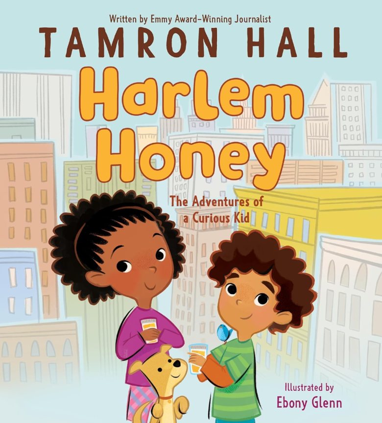 illustrated cover of a book with two young brown character, a dog, and a cityscape in the background 