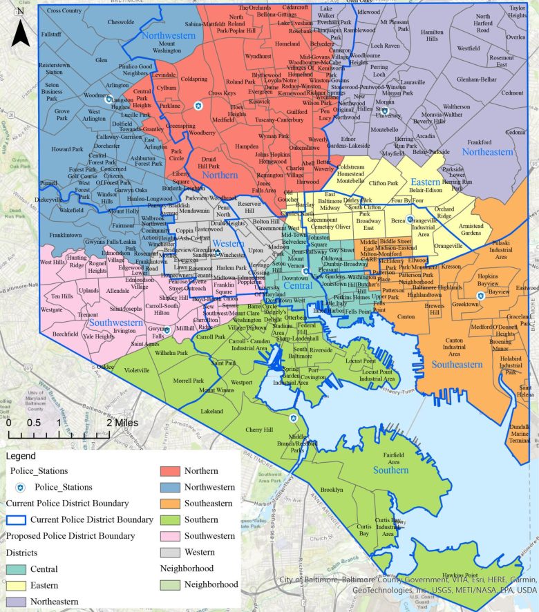Map of Baltimore, broken down by policing districts