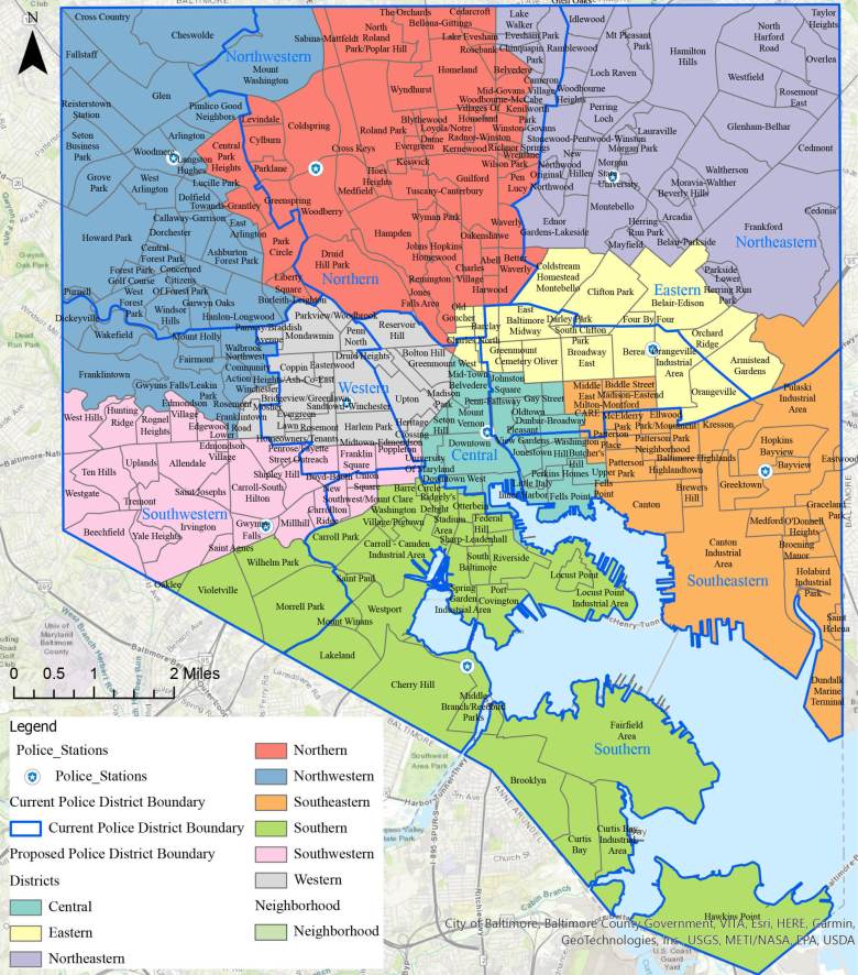 Map of Baltimore, broken down by policing districts