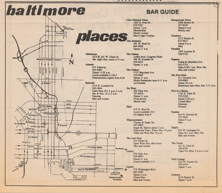 A map of Baltimore that has the text "baltimore places" on it. There is also a list of bars under the headline "bar guide."