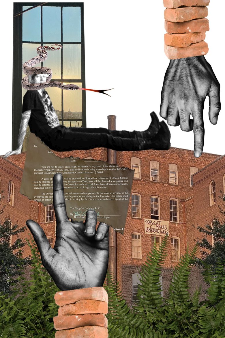A piece of collage artwork that includes a picture of the Copycat Building. A sign that reads "Copycat makes Lankford takes" hangs from a window.