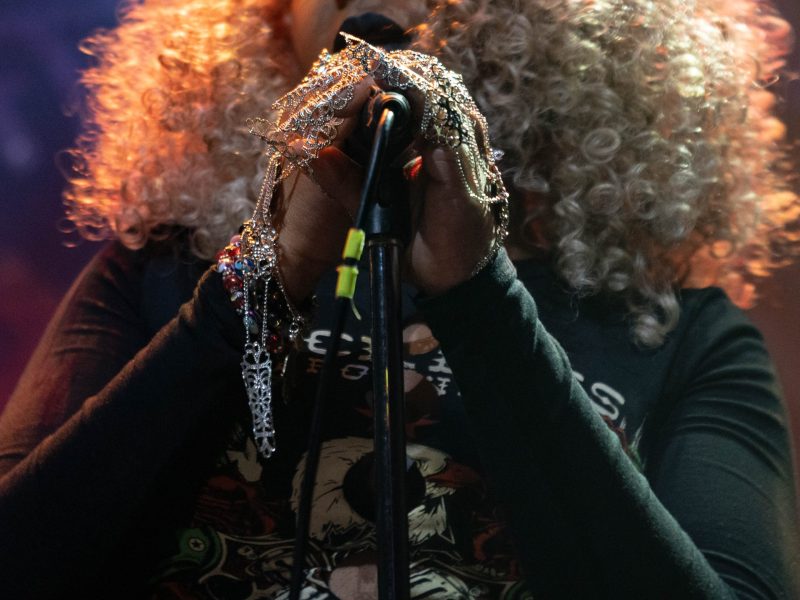 A person stands at a microphone and performs at a rap concert.