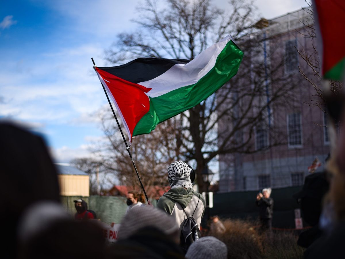 A protestor waves a Palestinian flag