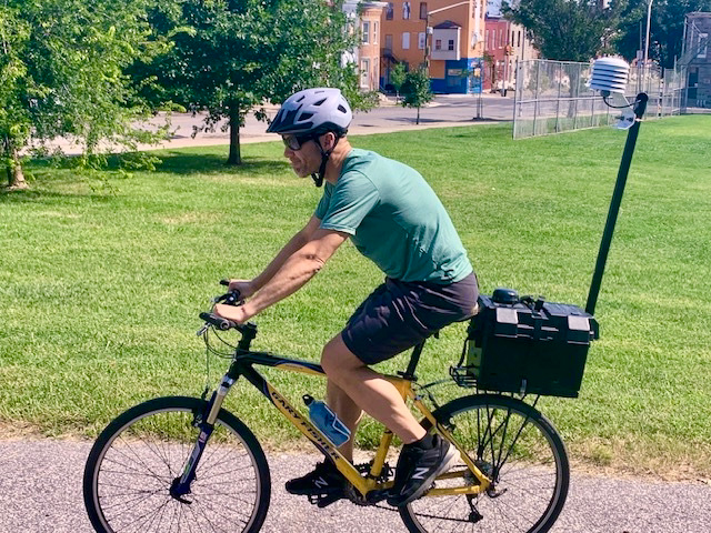 A person wearing a blue bike helmet, green shirt, and dark shorts rides a yellow bike.