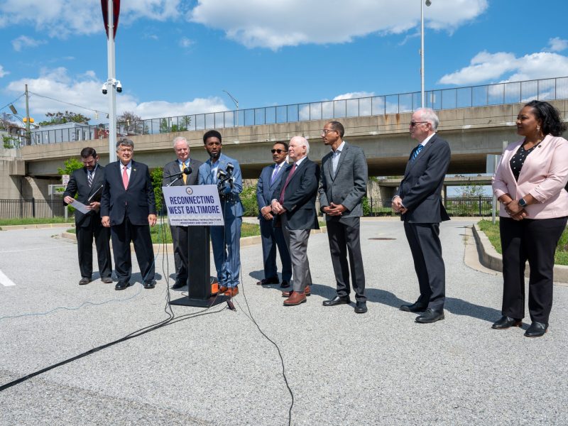 Baltimore Mayor Brandon Scott (center) along with other local leaders at Highway to Nowhere announcement.