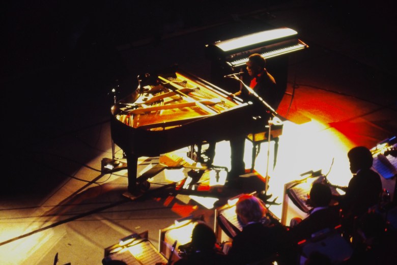 Aerial shot of Ray Charles' piano on stage. 