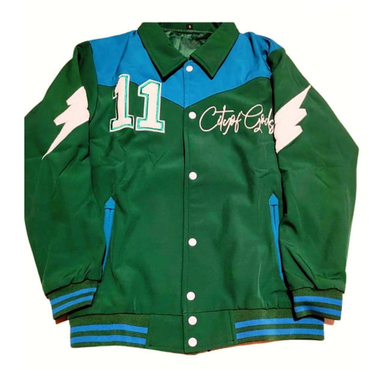 A green and blue jacket. 