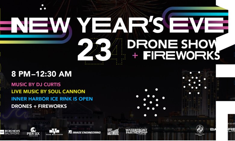 Flier for NYE Event with drone show and fireworks.