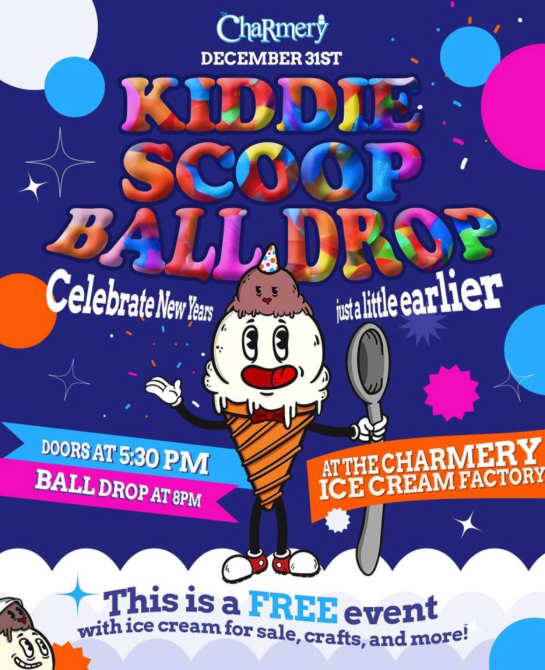 Multicolored flier for Kiddie Scoop Ball Drop, features a cartoon ice cream cone