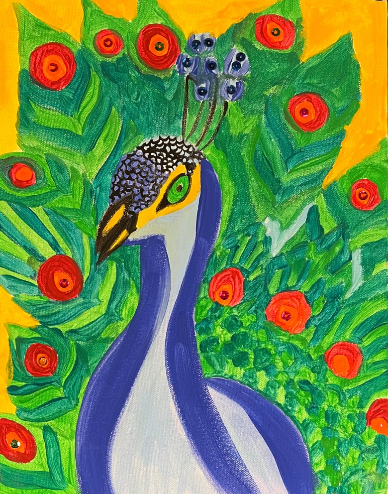 A mixed media artwork of a peacock