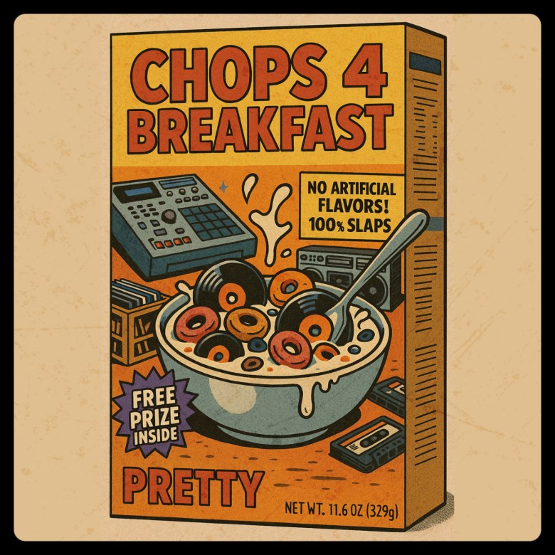 An image of a cereal box. It's labeled "chops 4 breakfast" It shows a bowl of records in milk with a spoon.
