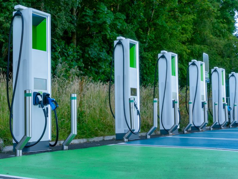 Electric Vehicle Charging Stations Arranged Neatly in Green Surroundings During Daylight Hours