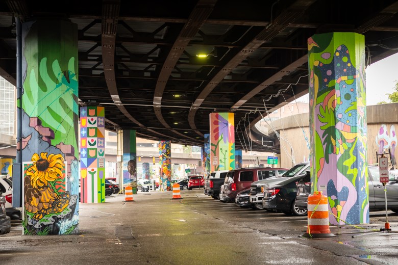 Several different murals, most featuring flowers and plants, on the pillars under the Jones Falls Expressway.