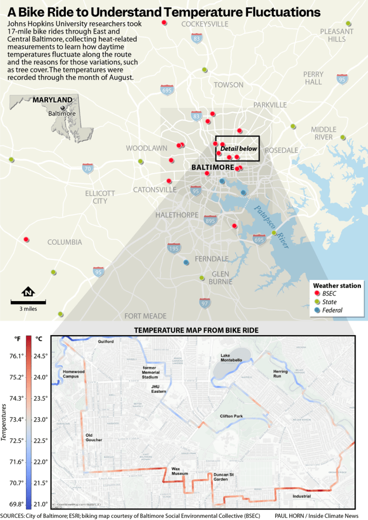 A graph of the Baltimore Region that tracks temperature changes and the location of weather stations.