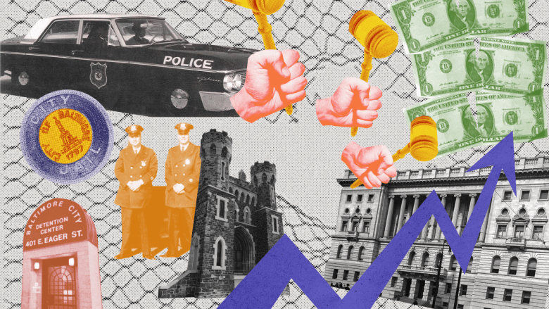An illustration that depicts a police car, money, and hands holding gavels, among other things.
