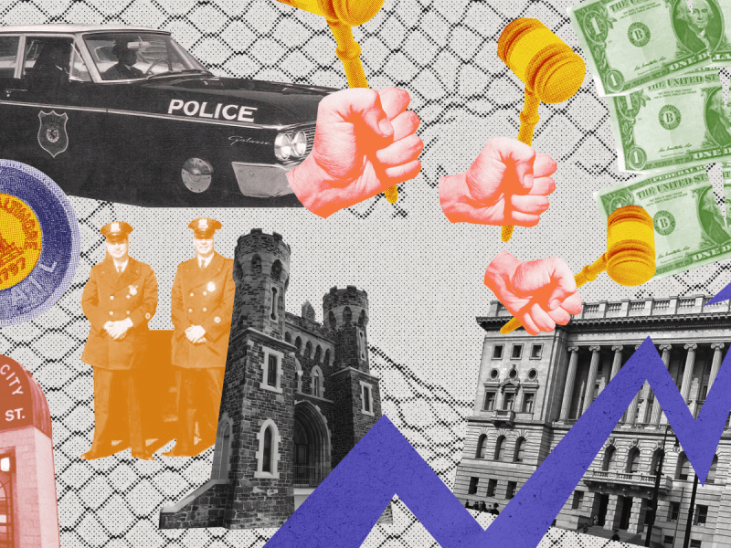 An illustration that depicts a police car, money, and hands holding gavels, among other things.